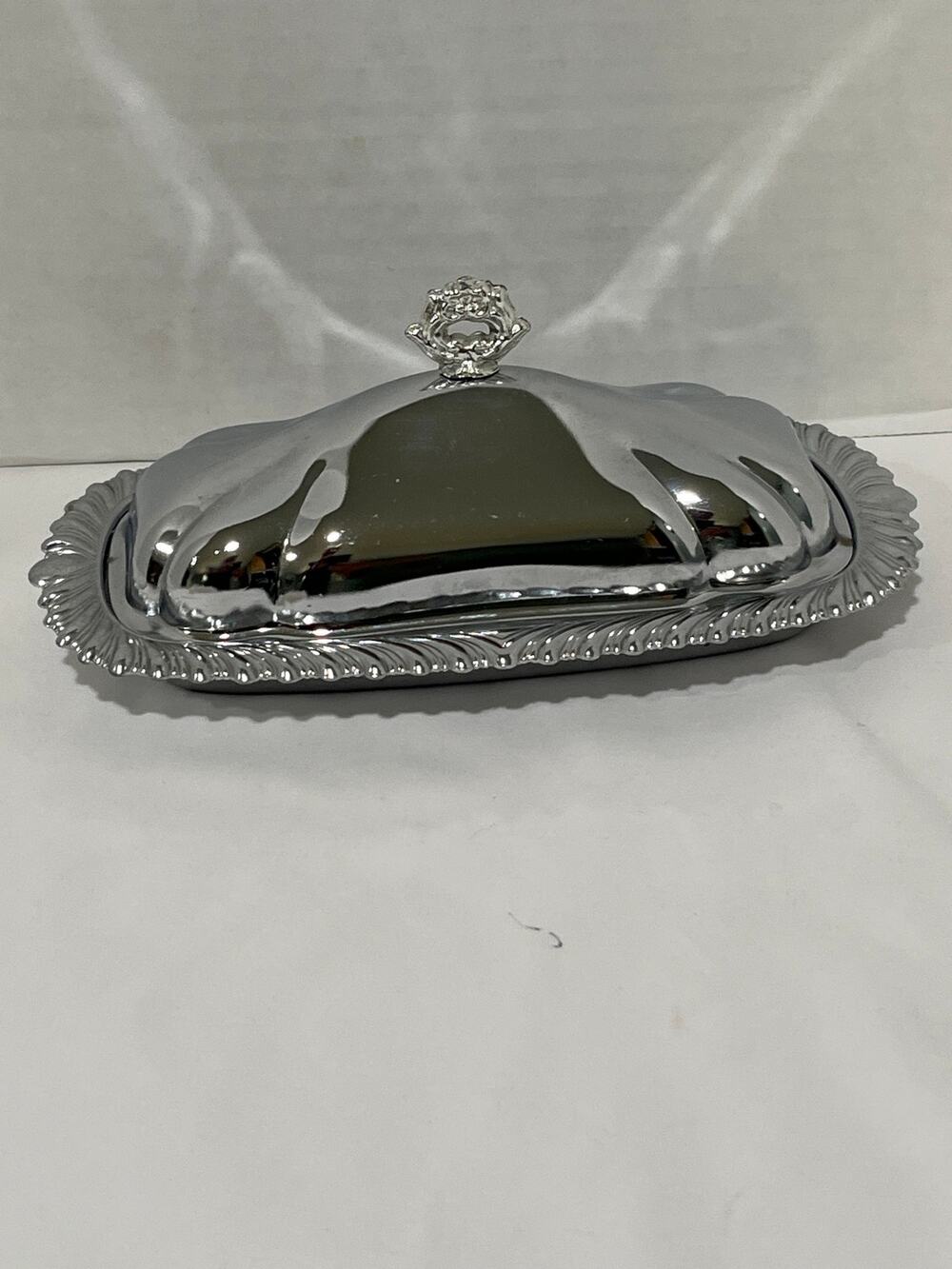 Covered Butter Dish Glass Insert Silver Tone Metal Lid 3 Piece Vintage